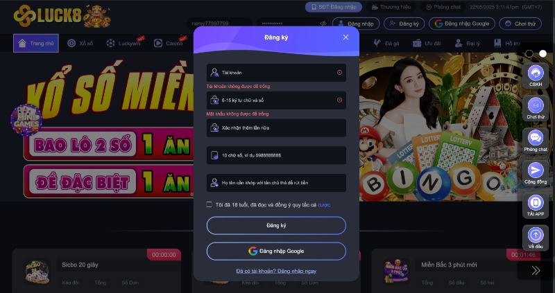 Tân thủ nhập thông tin vào form đăng ký Luck8 thật chuẩn xác